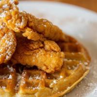 Chicken & Waffles · Fried all white breast meat on a golen 7 inch Belgian Waffle!  Comes with Powdered Sugar and...