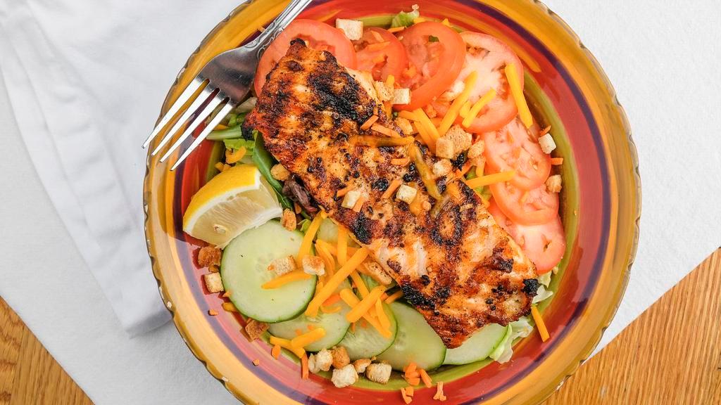 Grilled Salmon · Iceburg, romaine and iceburg coupled with warm grilled salmon, tossed with shredded carrots, cheese, handmade croutons, tomatoes and cucumbers. Choice of dressings include Ranch, Balsamic vinaigarette, French, Italian, Caesar, Bleu Cheese and Honey Mustard.