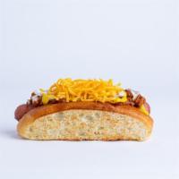 Skyline Coney Dog · chili, diced onions, mustard, shredded cheddar