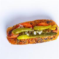 Chicago Dog · horseradish mustard, sweet relish, diced onion, tomato slice, dill pickle, and sport pepper