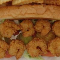 Shrimp Po Boy · Fried Shrimp PoBoy Sandwich.
Lettuce, Tomato, Onion, Green Pepper, Pickle with  Mayo.
Remoul...