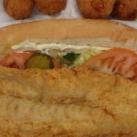 Whiting Po Boy · Fried Whiting PoBoy Sandwich.
Lettuce, Tomato, Onion, Green Pepper, Pickle with  Mayo.
Remou...