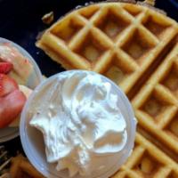 Belgian Waffle · With strawberries, bananas, whipped cream. Not available after 3pm.