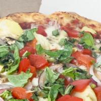 Yally Green Giant · Artichoke hearts, roasted red peppers, mushrooms, red onions, fresh garlic, mozzarella and f...