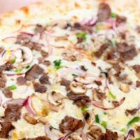 Milly Rocks (Philly Cheese Steak Pizza) · Philly steak sautéed with onions, mushrooms, green peppers, topped with mozzarella and provo...