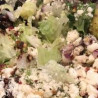 Greek Salad · Diced ripe tomatoes, cucumbers, pepperoncini’s, kalamata olives, black olives and jumbo stuf...