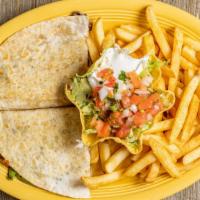 Quesadilla · One quesadilla (cheese, chicken, or beef). Served with rice and beans.