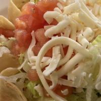 Taco Salad · Taco shell filled with chicken or beef, beans, lettuce, tomatoes, shredded cheese, sour crea...