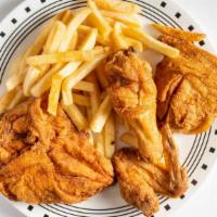 (1/2) Fried Chicken · Four piece chicken served with french fries, dinner roll, and coleslaw or potato salad.