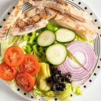Chicken Salad · Crispy or Grilled Chicken, lettuce, tomatoes, onions, cucumbers, olives, and green peppers.