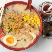 Chicken Ramen · Creamy chicken broth, seasoned chicken, noodles, sweet corn, bean sprouts, bamboo shoots, bl...