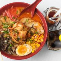 Spicy Kimchi Ramen · Spicy creamy pork broth, pork belly,  noodles, kimchi, sweet corn, black mushroom, bamboo sh...