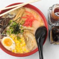 Miso Ramen · Creamy miso broth, pork belly, noodles, sweet corn, black mushroom, bamboo shoots, bean spro...