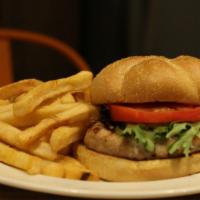 Turkey Burger · Half of a pound of fresh ground turkey char-grilled Served on a bun with lettuce, tomato, & ...