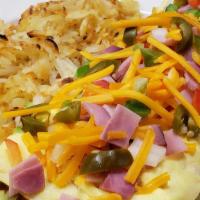 South Western Omelet · Ham, peppers, onions, jalapenos and american cheese. Served with hashbrowns.