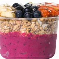 The Og Bowl · pitaya, strawberries, banana, apple juice | Toppings: granola, blueberry, strawberry, shredd...