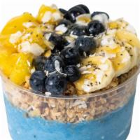 Eden Bowl · banana, pineapple, almond milk, blue spirulina | Toppings: granola, blueberry, pineapple, sh...