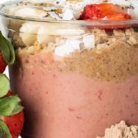 Rose Bowl · strawberries, banana, almond milk, protein powder, cacao
| Toppings: granola, almond butter,...