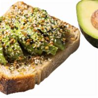 Avocado Toast · Slice of buttered toast, sliced fresh avocado, topped with everything bagel seasoning