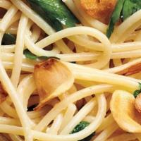 #7- Signature Aglio E Olio Veggie Spaghetti · Garlic and olive oil pasta with sauté veggies grilled over our secret ingredient.