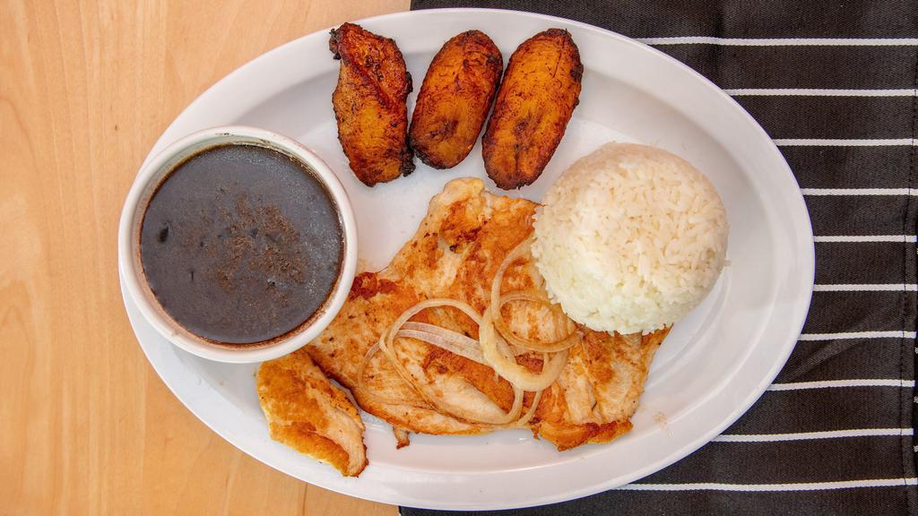 Manna Lunch 1 · Chicken breast lunch plater with a side of rice, bean, and fried sweet plantains.