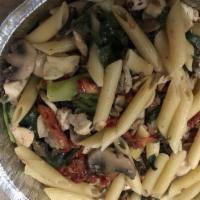 Penne Delight · Penne pasta tossed with mushrooms, broccoli, spinach, sun-dried tomatoes, and grilled chicke...