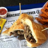 Sunshine Steak Sandwich · Grilled Angus Skirt Steak, Grilled Onions, Garlic Aioli, Crispy Onion Straws, Hoagie Roll