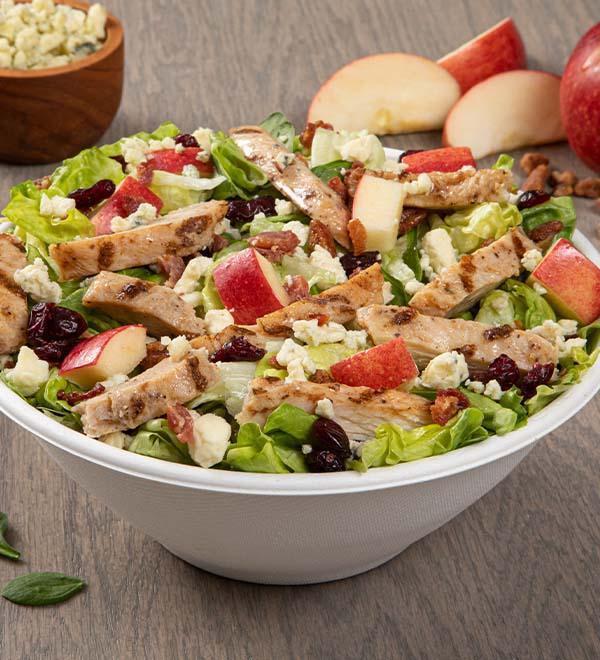 Chicken Harvest Salad (Entree) · Chicken breast, hardwood smoked bacon, bleu cheese, crisp apples, honey roasted pecans, dried cranberries. Served with Apple Cider Vinaigrette.