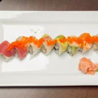Rainbow Roll · California roll topped with assorted fish and masago.

Consuming raw or undercooked meats, p...
