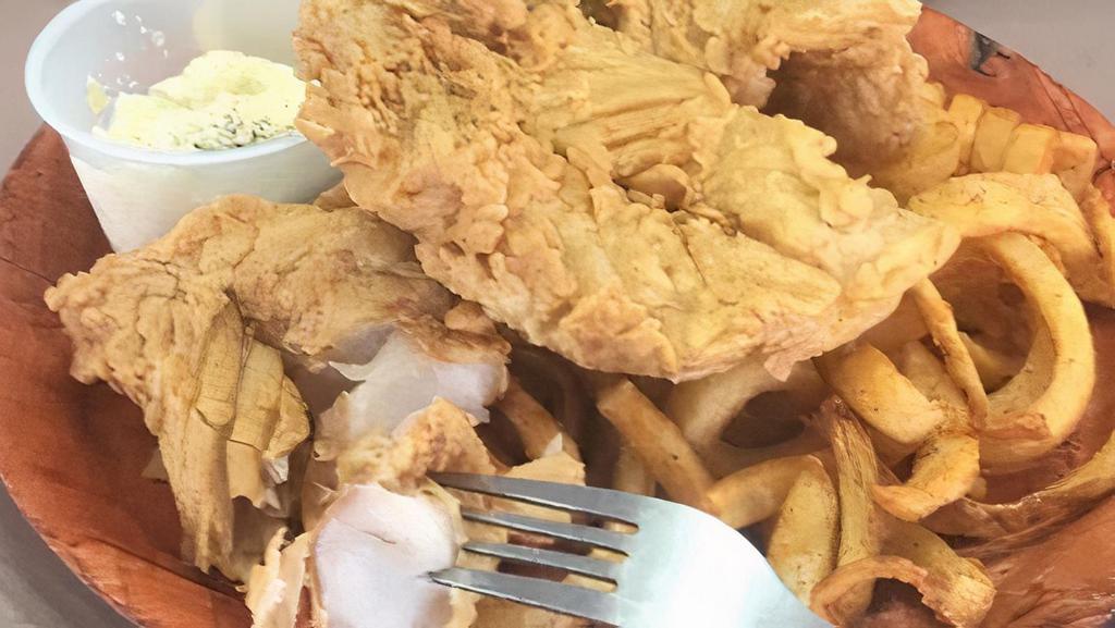 Beer Battered Fish Fry · Fresh grouper dipped in our own beer batter mix & deep fried to a golden brown.  Served w/curly fries & cole slaw.