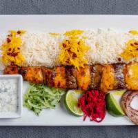Bakhtiyari Kabob · Beef tenderloin, chicken, saffron, and basmati rice.