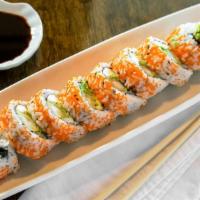 Super Crunchy Roll · Shrimp tempura, avocado, cream cheese and cucumber topped with masago served with spicy mayo...