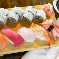 Sushi Lunch · Five pcs sushi: tuna, salmon, red snapper, shrimp crab stick and California roll.