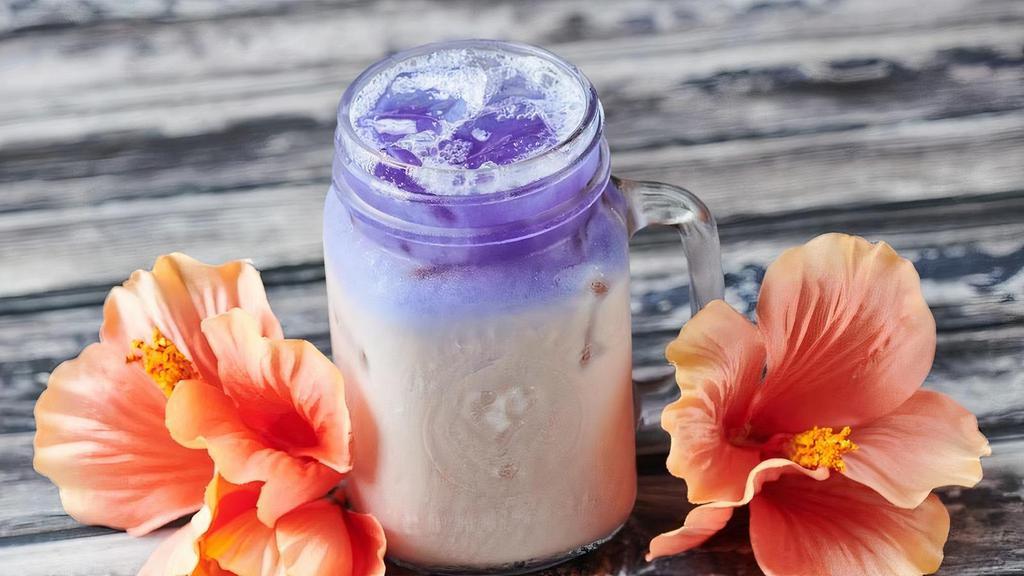 Iced Butterfly Chai · Hibiscus-infused chai and milk served over ice and topped with butterfly truth serum.