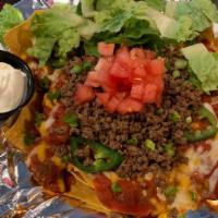 Build Your Own Nachos (Full Order) · Corn Tortilla Chips with Beef topped w/white queso, fresh jalapenos, chopped romaine & sour ...