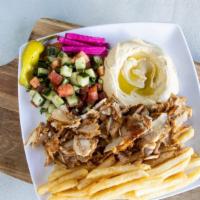 #2 Chicken Shawarma Platter · Baba Ganoush, Hummus, Tabouli salad, Lebanese salad, French fries, Lebanese rice