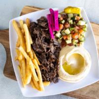 #1 Beef Shawarma Platter · Hummus, Baba Ganoush, Tabouli salad, Lebanese salad, Lebanese rice French fries