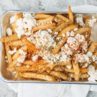 Greek Feta Fries · Yia Yia fries, Feta, oregano