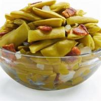 Green Beans With Bacon  · Italian cut green beans, fresh bacon, onions, seasoned and stewed to perfection in a vinegar...