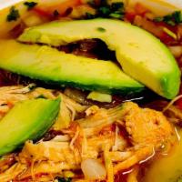 Chicken Soup · Chicken broth with shredded chicken, rice, and pico de gallo. Topped with sliced avocado.