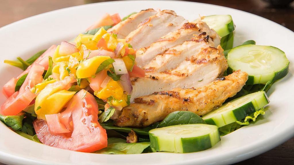 Mango Salad · Your choice of meat on a bed of spinach, tomatoes, cucumbers, and mango pico de gallo.