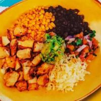 Rice Bowl Grilled Chicken  · Bowl filled with a bed of rice your choice of meat topped with pico de gallo, guacamole, che...