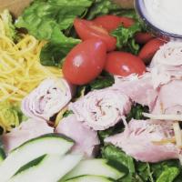 Chef'S Salad · Spring mix, romaine, ham, turkey, cucumber, carrots, grape tomato, shredded cheddar, house r...
