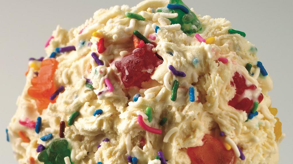Birthday Bonanza Ice Cream · Birthday cake ice cream, gummy bears, and rainbow sprinkles.