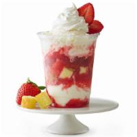Strawberry Shortcake · Sweet cream ice cream, yellow cake chunks, strawberry puree, and whipped cream.