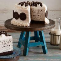 Cookies & Cream Ice Cream Cake · Chocolate cake bottom, sweet cream ice cream, Oreo cookies, and vanilla whipped icing. SMALL...