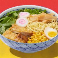 Shoyu Chicken Ramen · Soy broth with noodles and chicken.