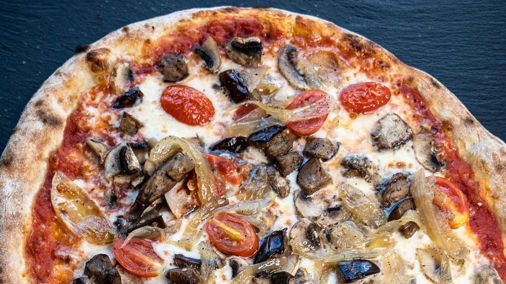 Pizza Veggie Master · TOMATO SAUCE, MOZZARELLA, EGGPLANTS, MUSHROOMS, SAUTEED. ONIONS, CHERRY TOMATOES
