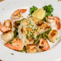 Grilled Seafood Platter · Fish, Shrimp & Scallops. Served with Sautéed Veggies, Red Potatoes Topped with a Lemon Butte...