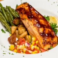 Grilled Bbq Salmon · Roasted Potatoes, Green Beans, Corn Relish.